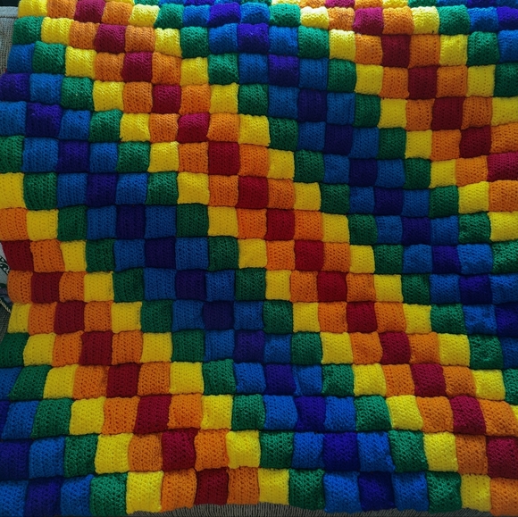 Hand Crochet Rainbow Puff Square Quilt Blanket - Picture 5 of 7